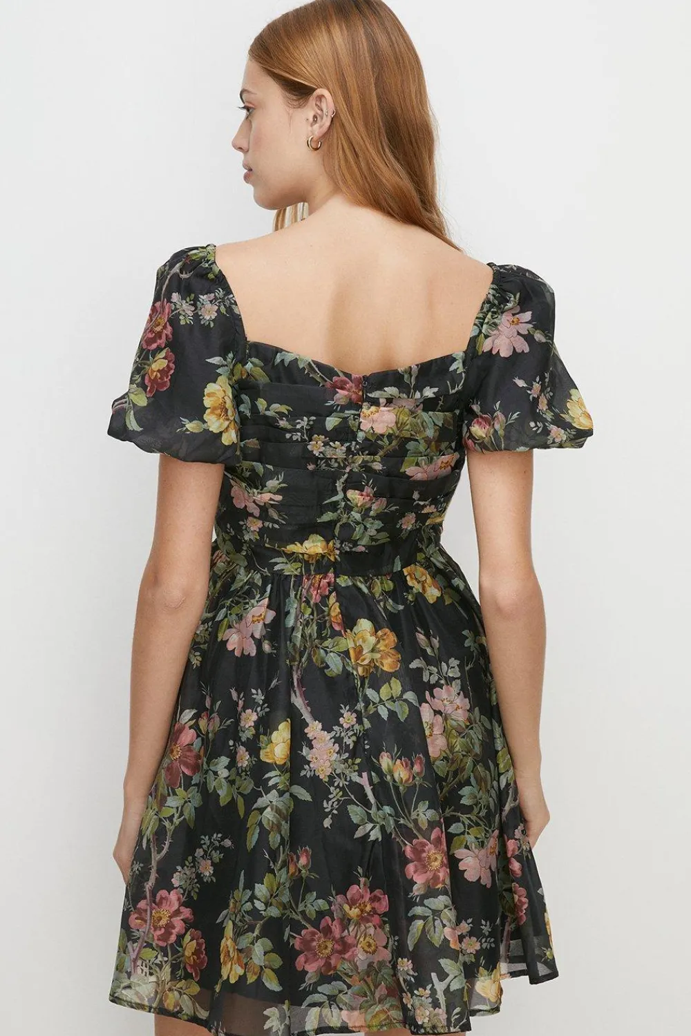 Outlet Oasis Pretty Floral Organza Ruched Mini Dress Black
