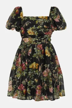 Outlet Oasis Pretty Floral Organza Ruched Mini Dress Black