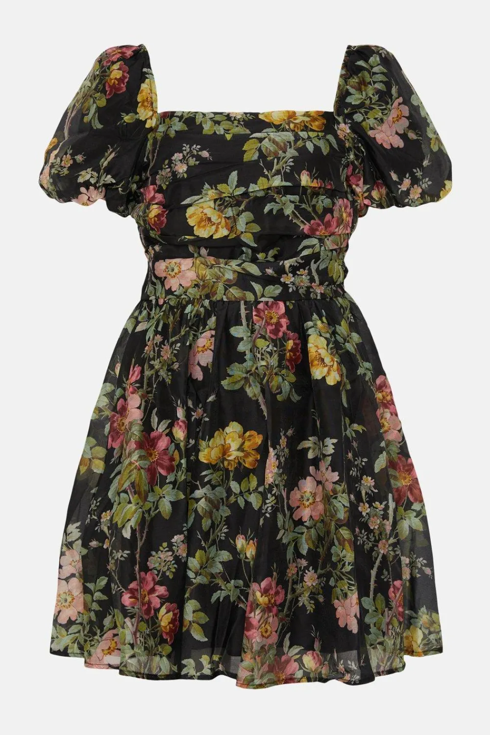 Outlet Oasis Pretty Floral Organza Ruched Mini Dress Black