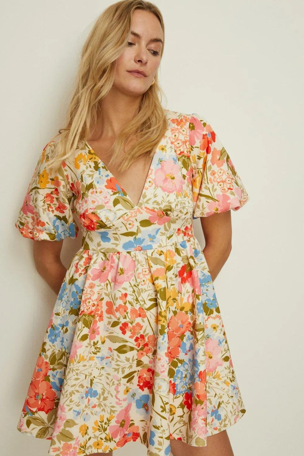 Online Oasis Pretty Floral Scuba Puff Sleeve Skater Dress Cream