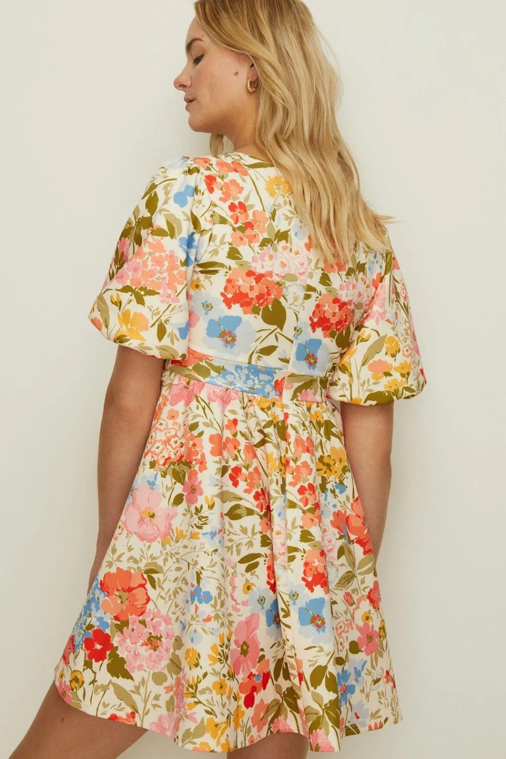 Online Oasis Pretty Floral Scuba Puff Sleeve Skater Dress Cream