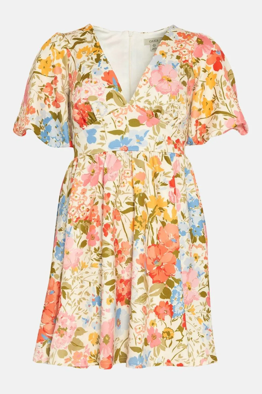 Online Oasis Pretty Floral Scuba Puff Sleeve Skater Dress Cream