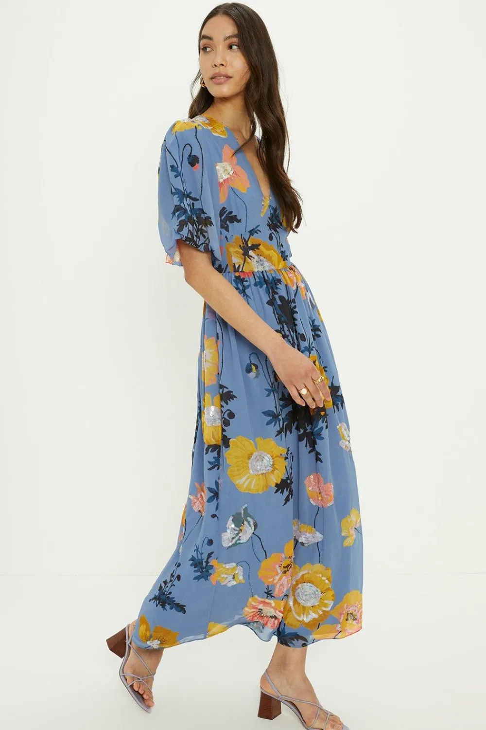 Online Oasis Pretty Sequin Floral V Neck Midi Dress Slate Blue