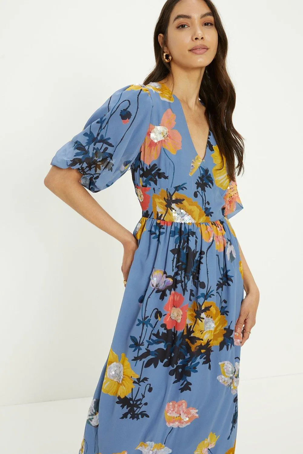 Online Oasis Pretty Sequin Floral V Neck Midi Dress Slate Blue