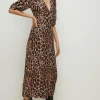 Hot Oasis Print Puff Sleeve Button Midi Dress Animal