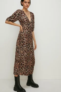 Hot Oasis Print Puff Sleeve Button Midi Dress Animal