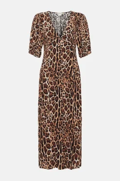 Hot Oasis Print Puff Sleeve Button Midi Dress Animal