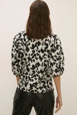 Sale Oasis Printed 3/4 Puff Sleeve Woven Shell Top Pink