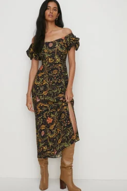 Sale Oasis Printed Bardot Midi Dress Multi