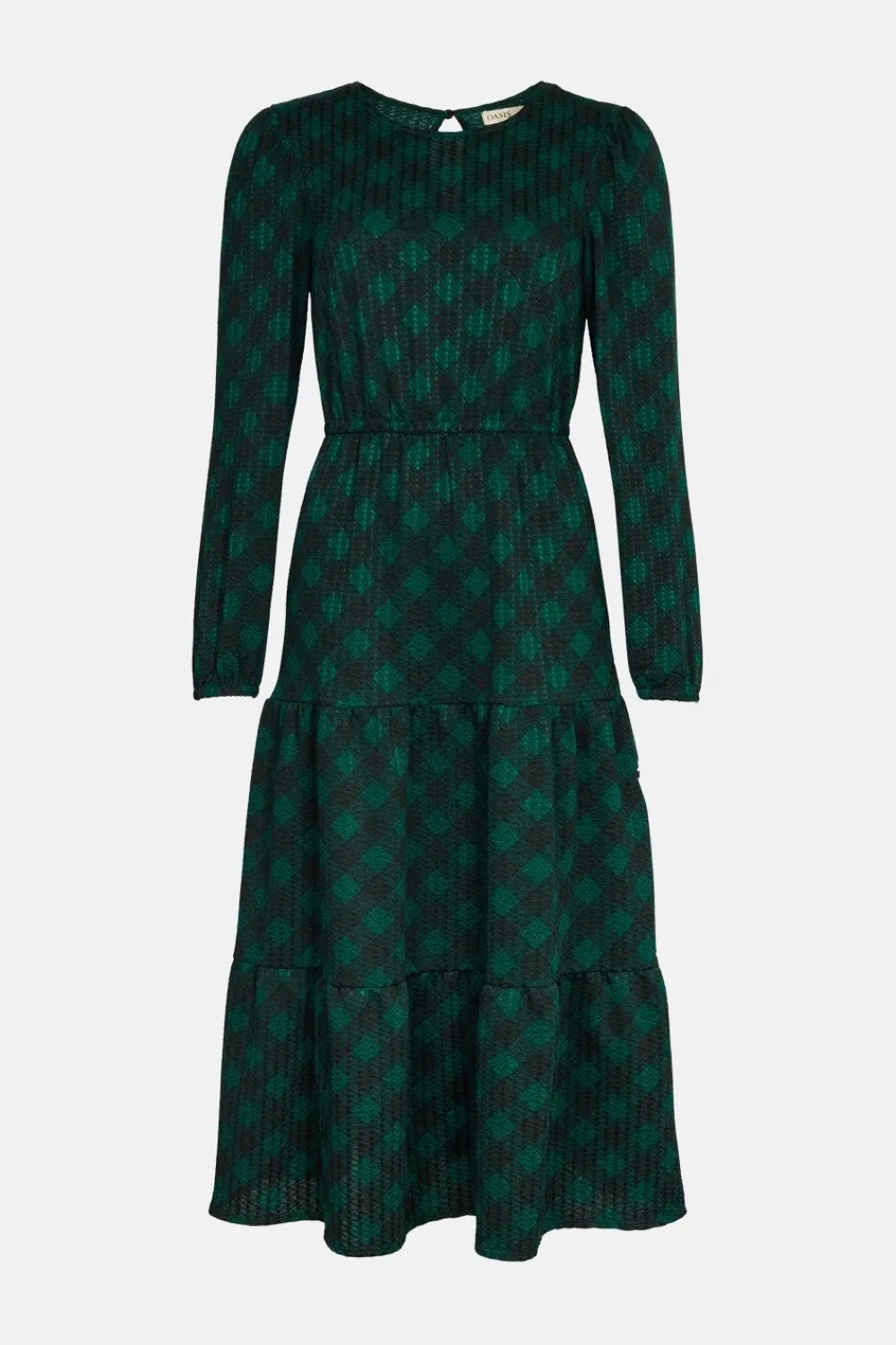 Outlet Oasis Printed Check Textured Tiered Midi Dress Neutral