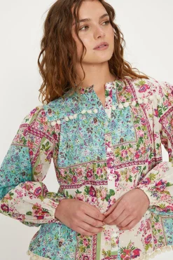 Sale Oasis Printed Cotton Dobby Trim Detail Blouse Multi