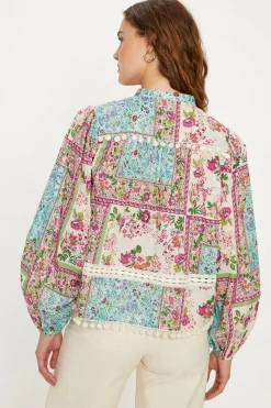 Sale Oasis Printed Cotton Dobby Trim Detail Blouse Multi