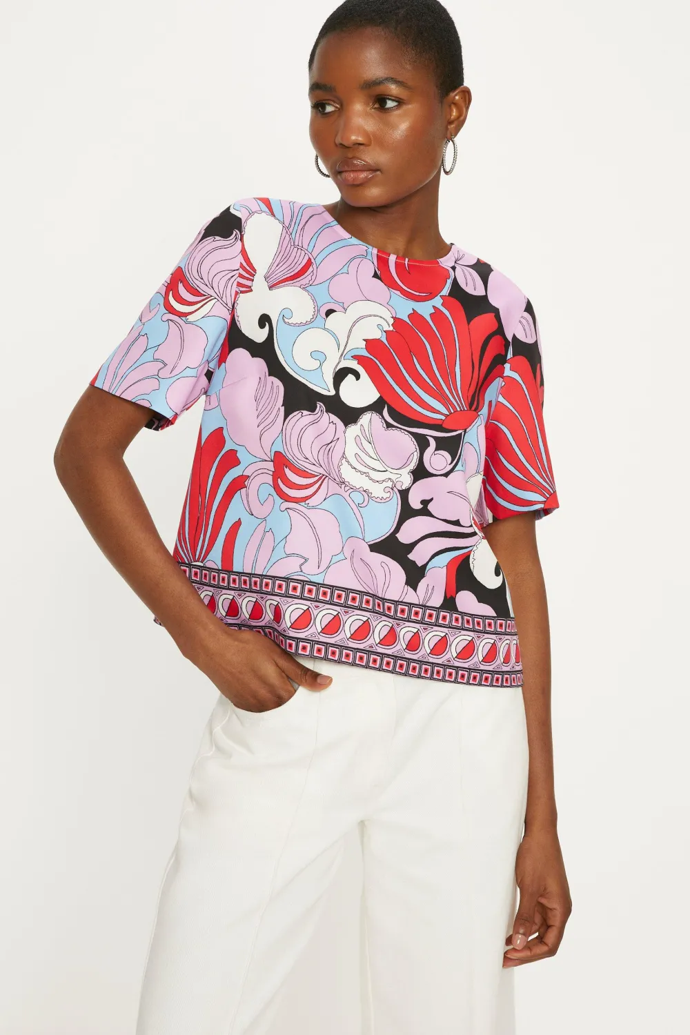 Sale Oasis Printed Crepe Boxy T-Shirt Multi