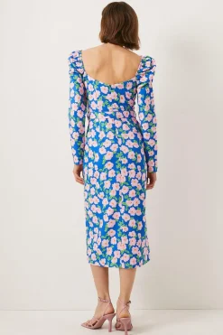 Sale Oasis Printed Floral Puff Sleeve Midi Dress Blue