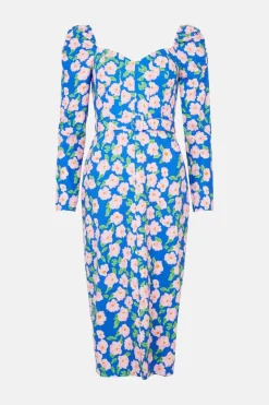 Sale Oasis Printed Floral Puff Sleeve Midi Dress Blue