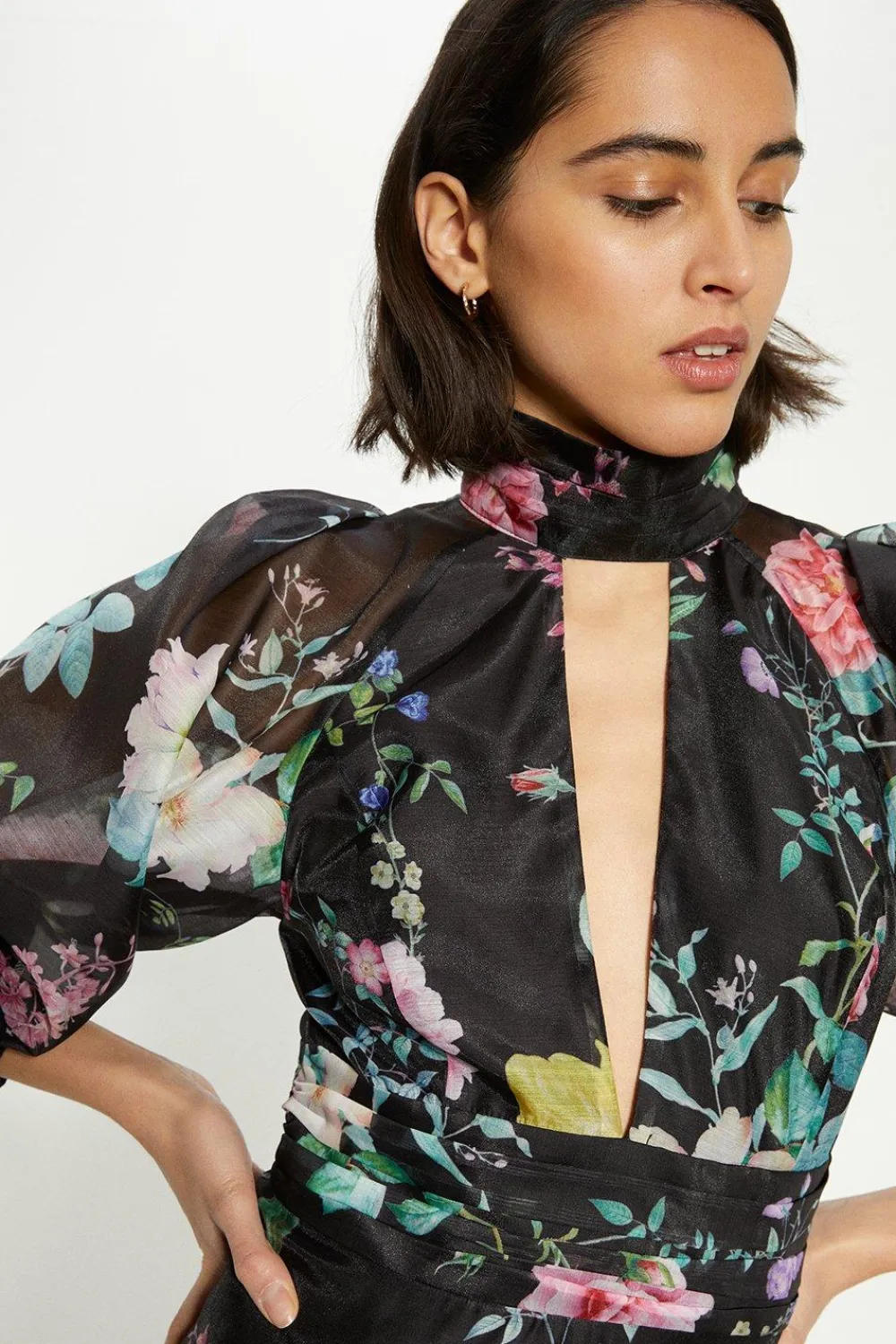 Sale Oasis Printed Organza Plunge Keyhole Skater Dress Floral