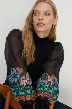 Online Oasis Printed Organza Woven Mix Jumper Black