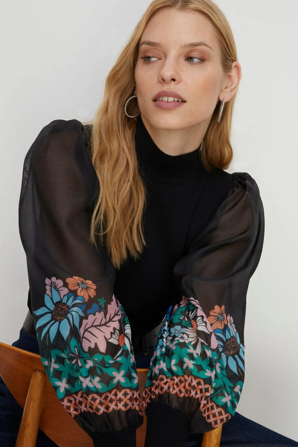 Online Oasis Printed Organza Woven Mix Jumper Black