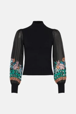 Online Oasis Printed Organza Woven Mix Jumper Black