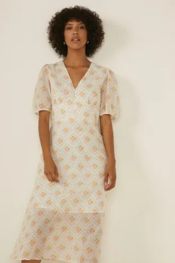 New Oasis Printed Puff Sleeve Midi Dress Multi