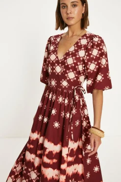 Online Oasis Printed Puff Sleeve Wrap Midi Dress Oxblood