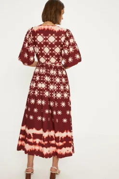 Online Oasis Printed Puff Sleeve Wrap Midi Dress Oxblood