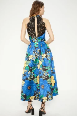 New Oasis Printed Satin Twill Lace Back Midi Dress Multi