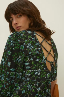 Sale Oasis Printed Tie Back Dress Green