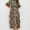 Discount Oasis Printed Tie Front Metallic Tiered Dress Black