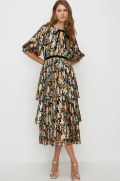 Discount Oasis Printed Tie Front Metallic Tiered Dress Black