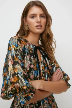 Discount Oasis Printed Tie Front Metallic Tiered Dress Black
