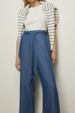 Sale Oasis Printed Wide Leg Trouser Mid Blue