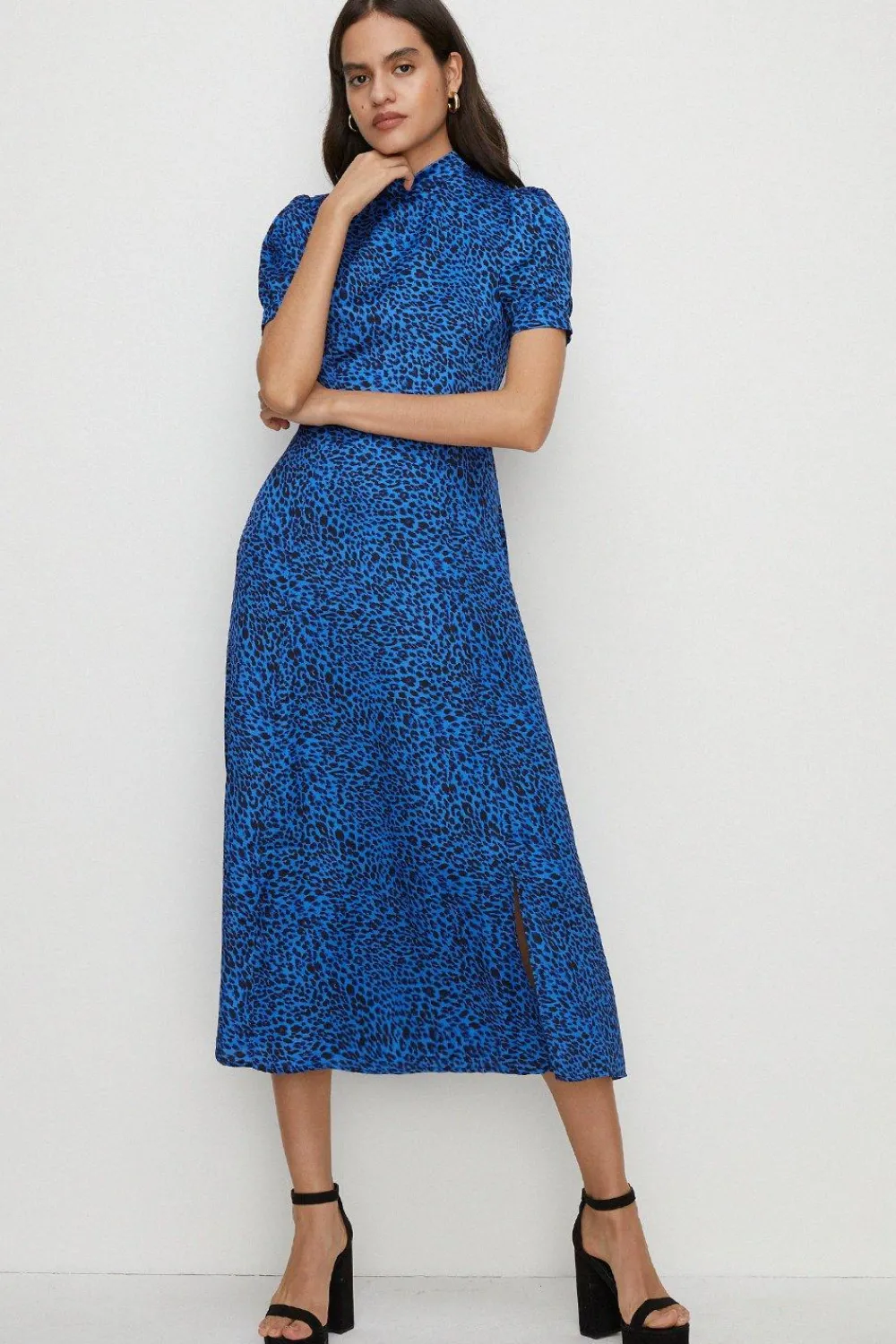 Best Oasis Puff Sleeve Animal Split Front Midi Dress Cobalt