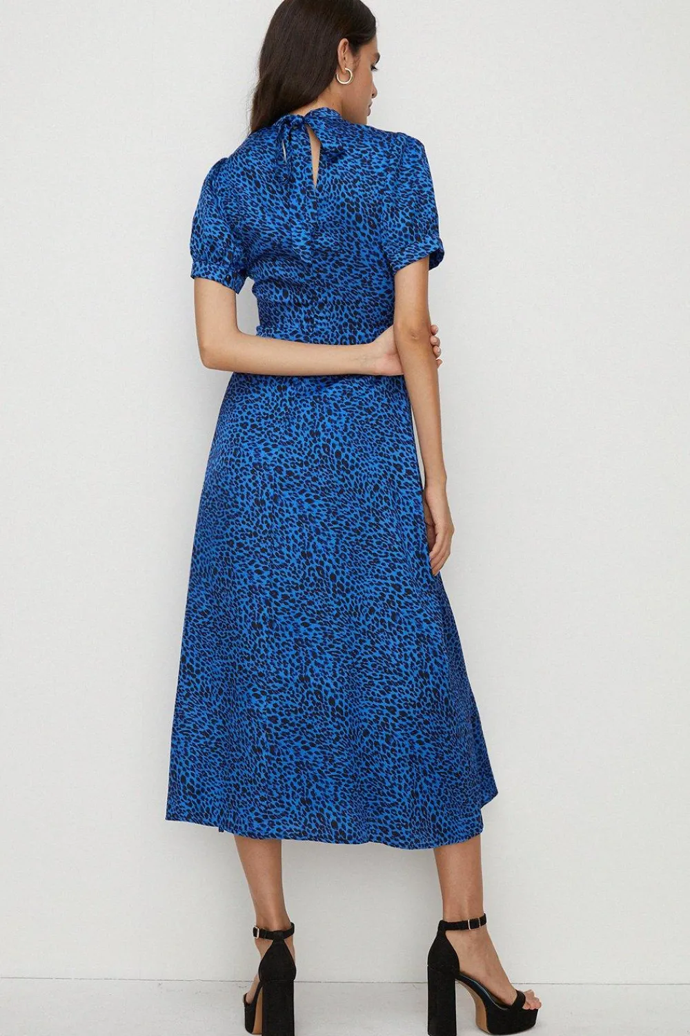 Best Oasis Puff Sleeve Animal Split Front Midi Dress Cobalt