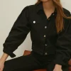 Hot Oasis Puff Sleeve Cropped Denim Jacket Black