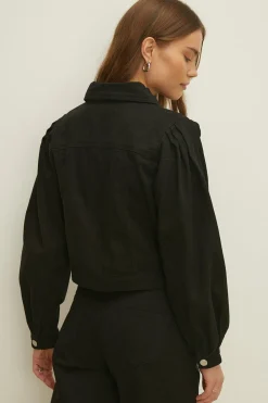 Hot Oasis Puff Sleeve Cropped Denim Jacket Black