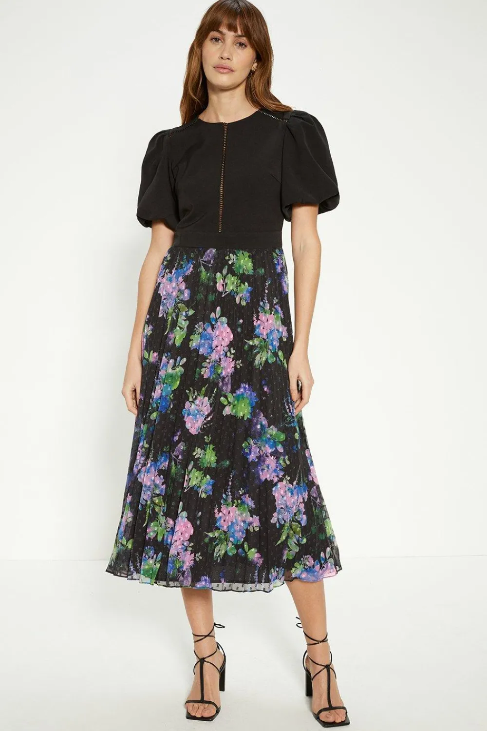 Fashion Oasis Puff Sleeve Floral 2 In 1 Pleated Midi Dress Black