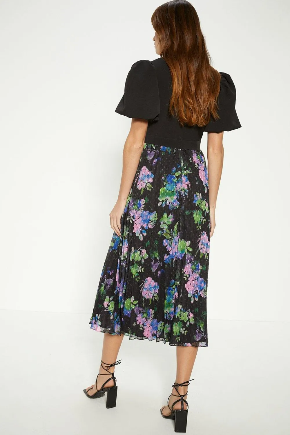Fashion Oasis Puff Sleeve Floral 2 In 1 Pleated Midi Dress Black