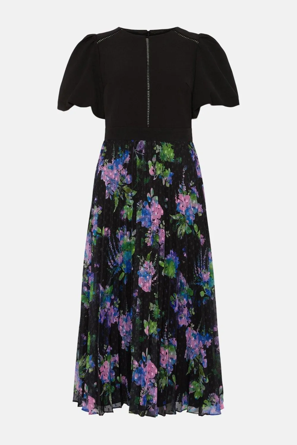 Fashion Oasis Puff Sleeve Floral 2 In 1 Pleated Midi Dress Black