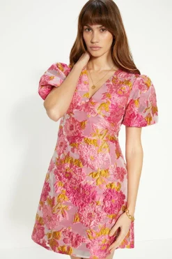 Clearance Oasis Puff Sleeve Floral Jacquard Mini Dress Pink