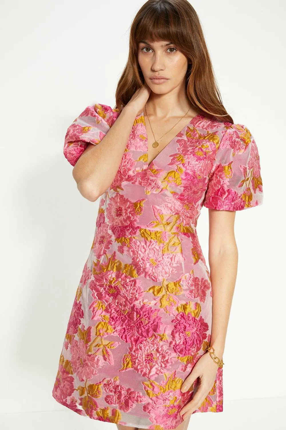 Clearance Oasis Puff Sleeve Floral Jacquard Mini Dress Pink