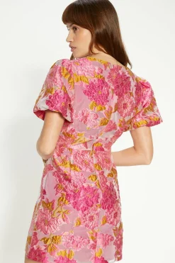 Clearance Oasis Puff Sleeve Floral Jacquard Mini Dress Pink