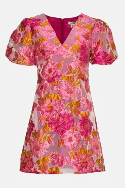 Clearance Oasis Puff Sleeve Floral Jacquard Mini Dress Pink