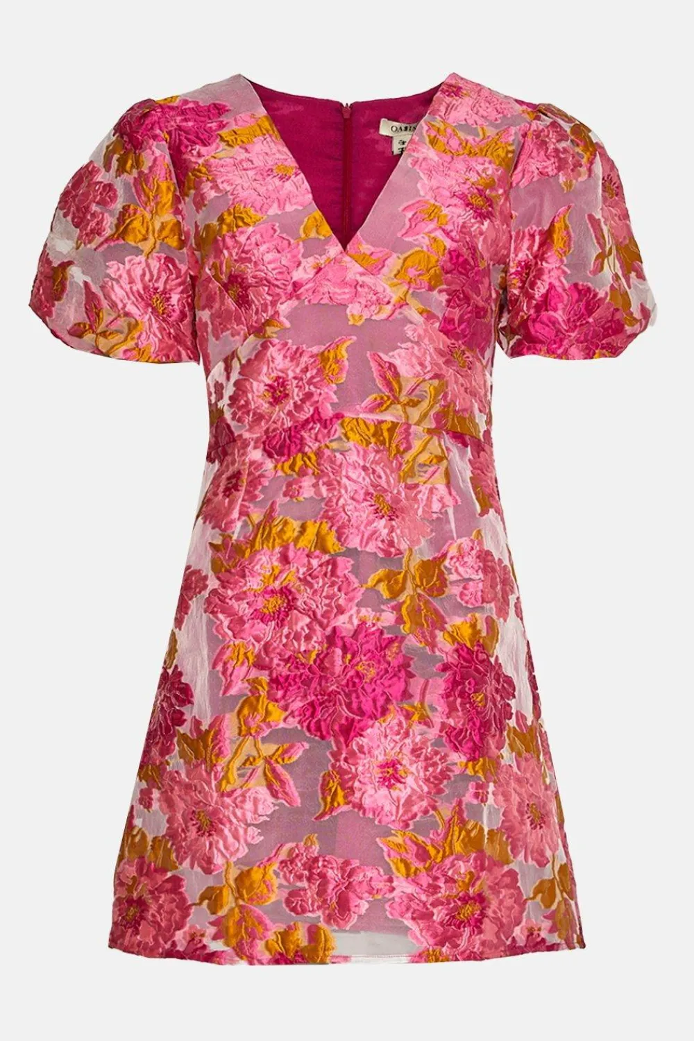Clearance Oasis Puff Sleeve Floral Jacquard Mini Dress Pink