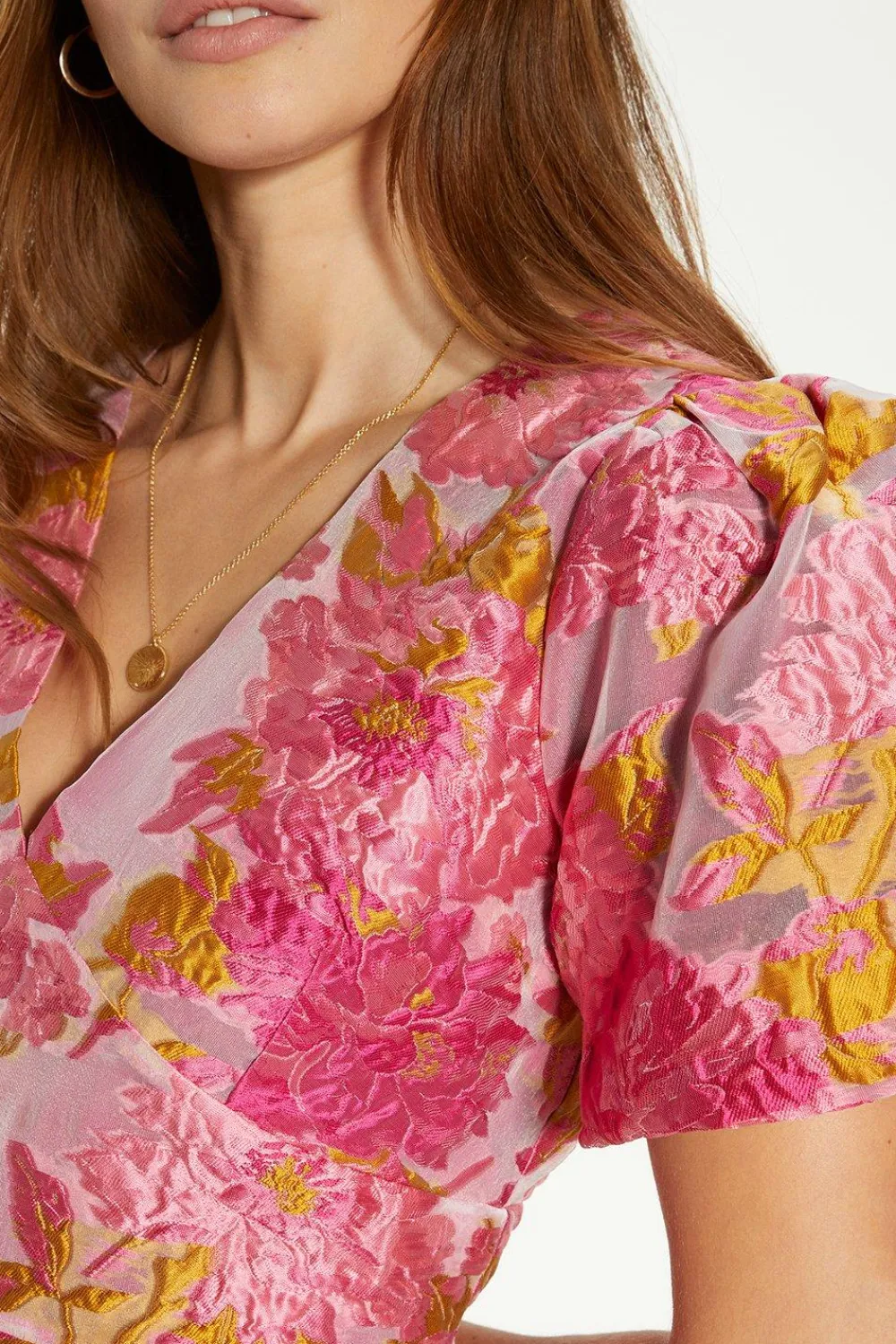 Clearance Oasis Puff Sleeve Floral Jacquard Mini Dress Pink