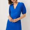 Online Oasis Puff Sleeve Linen Look Mini Dress Cobalt
