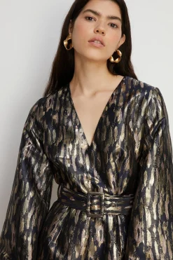 Sale Oasis Puff Sleeve Metallic Jacquard Playsuit Multi