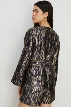 Sale Oasis Puff Sleeve Metallic Jacquard Playsuit Multi