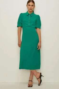 Hot Oasis Puff Sleeve Pearl Button Detail Midi Dress Ochre