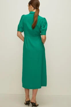 Hot Oasis Puff Sleeve Pearl Button Detail Midi Dress Ochre